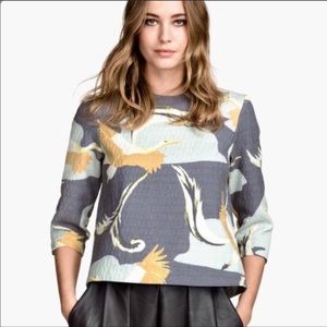 H&M Crane Print 3/4 Sleeve Swing Blouse